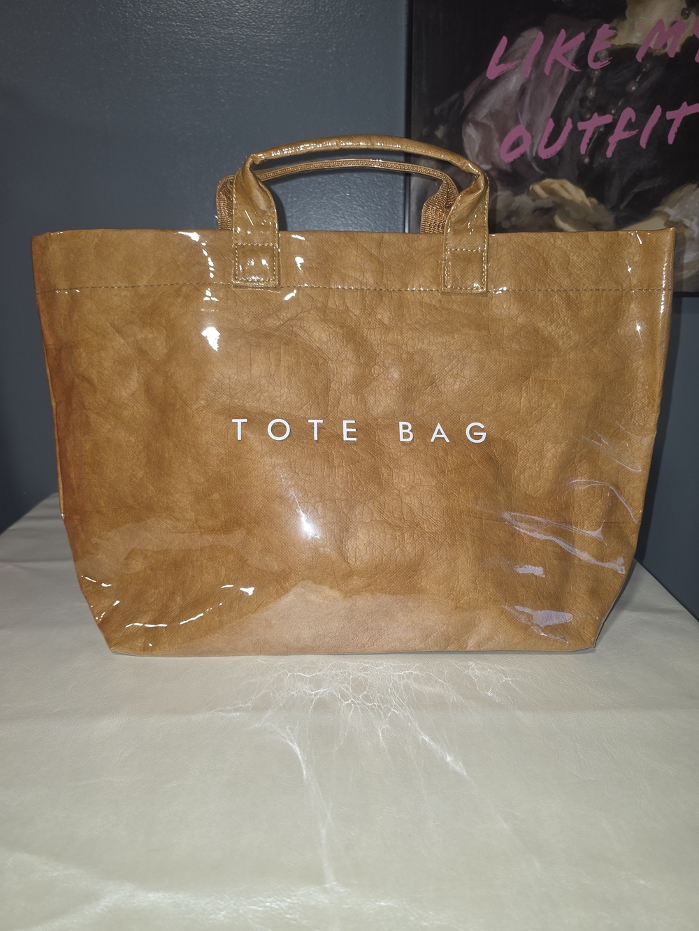 NWOT Vinyl Letter Print "Tote Bag" Handbag Camel Brown